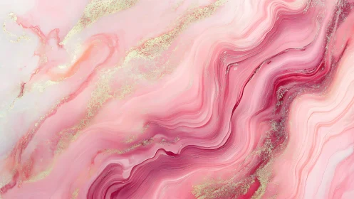 Marbled pink fluid abstraction with gold veining and stratified swirls