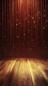 Golden-lit theater stage with polished wood floor and curtain