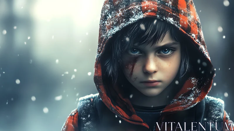 Child in Snow: Striking Portrait with Haunting Blue Eyes