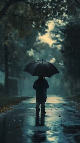 Solitary child under umbrella walks a reflective rainy path