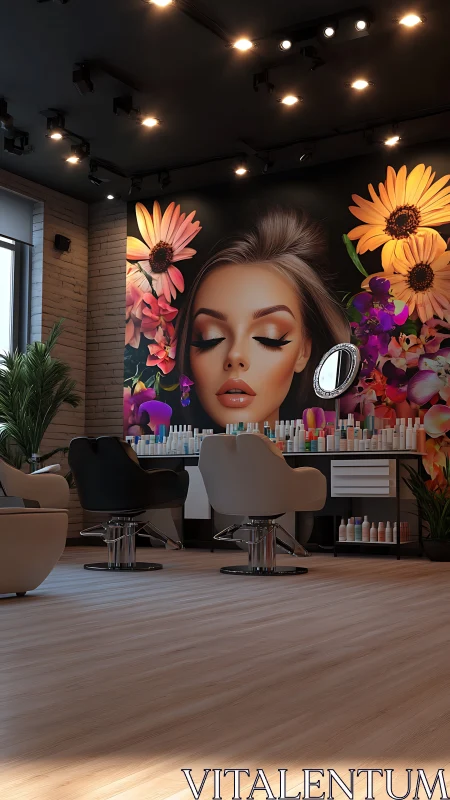 Modern hair salon interior with bold floral mural wall art.