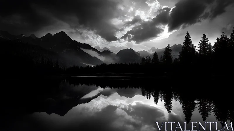 Monochrome alpine lake reflection under dramatic storm clouds