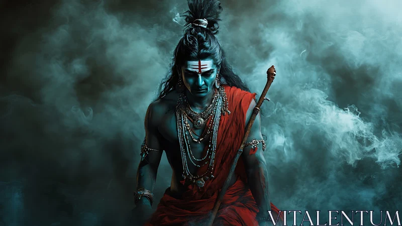 Intense warrior figure in red robes amid swirling blue smoke.