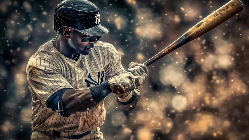 Right-handed baseball batter in pinstripes mid-swing, bokeh haze