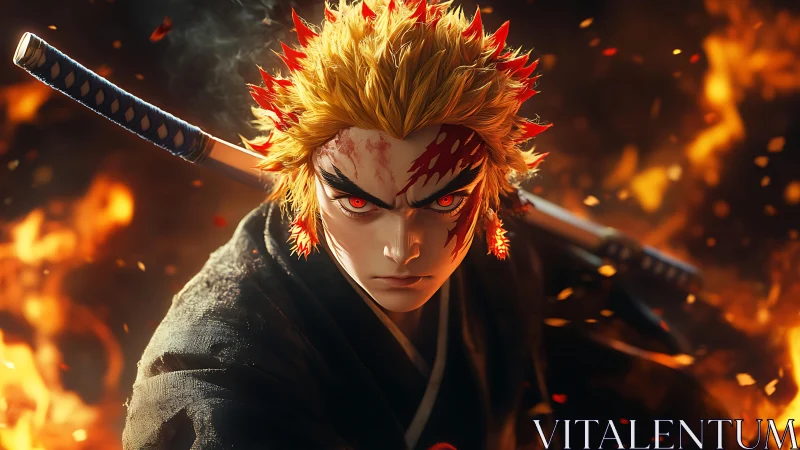 Blazing-eyed anime swordsman strides through roaring embers.
