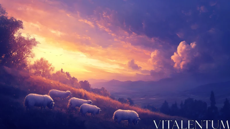 Sheep graze under blazing violet and gold sunset sky.
