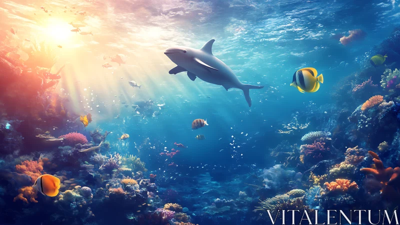 Digital rendering shows dolphin above coral reef environment
