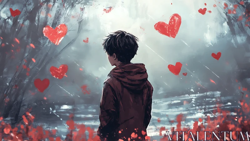 Backlit boy in red hoodie studies floating hearts in misty forest