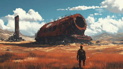 Rust-red starship wreck rests quietly in a golden plain