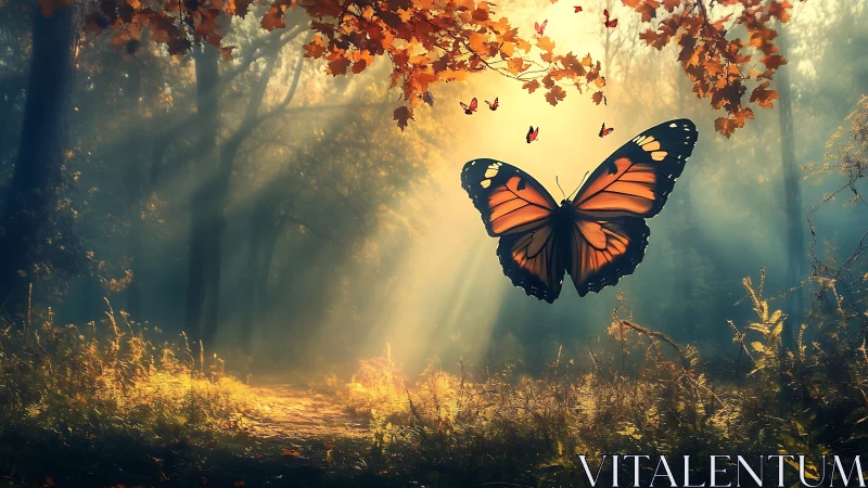 Majestic Butterfly in Sunlit Autumn Forest, Fantasy Art Style.