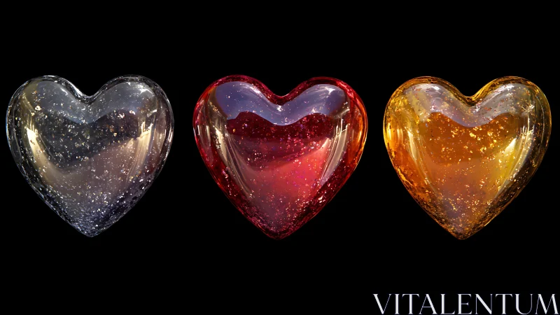 Glitter-infused glass hearts in silver, ruby and amber.