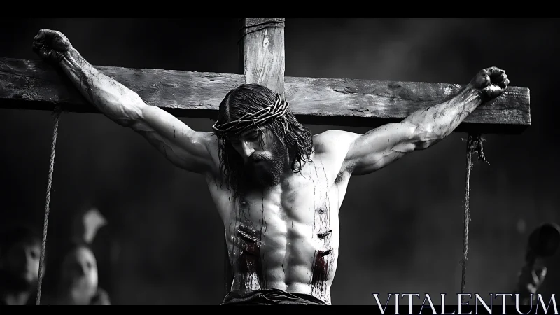 Monochrome crucifixion tableau renders sculptural anatomy in chiaroscuro