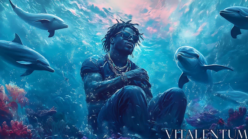 Chill crowned drifter meditates with dolphins in electric seas