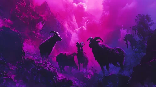 Horned mountain goats stand under vivid neon magenta sky