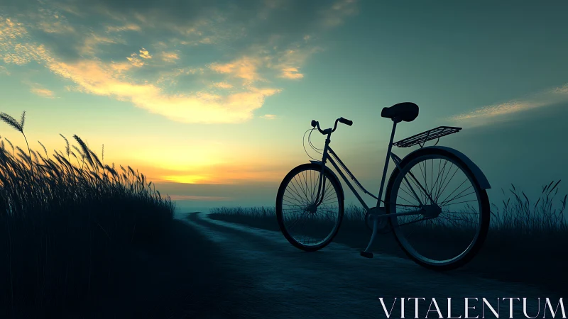 Silhouetted bicycle on sandy path at golden hour sunset
