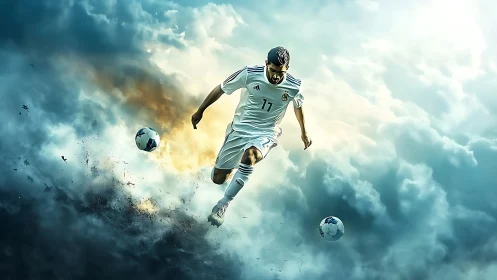 Skybound soccer hero charges forward through glowing clouds