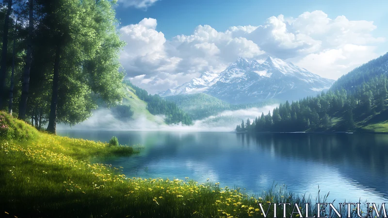 Alpine lake reflects snow peaks under luminous summer sky.