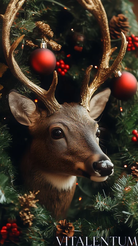 Festive reindeer ornament framed by Christmas greenery.