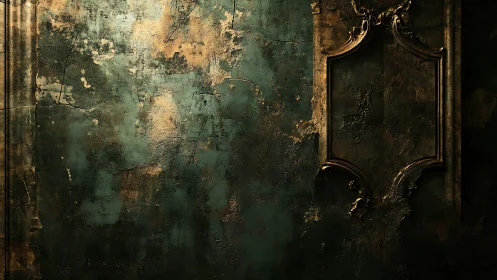 Aged teal wall with ornate frame evokes fading baroque grandeur