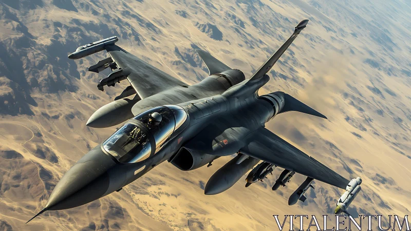 Modern jet fighter aircraft over arid desert landscape.