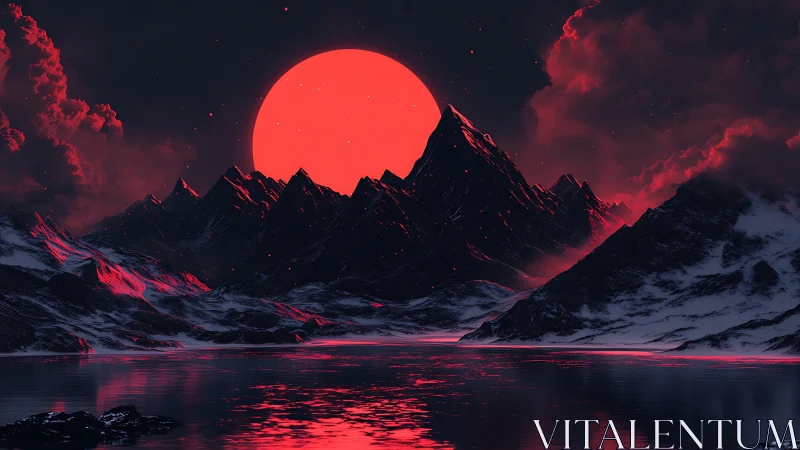 Red celestial body illuminates snow-covered mountain range
