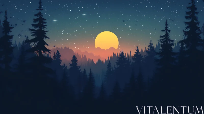 Moonlit Forest Night with Glowing Celestial Sky.