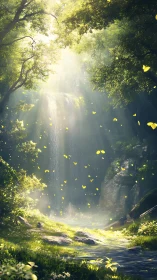 Sunlit forest waterfall with stream and scattered butterflies.