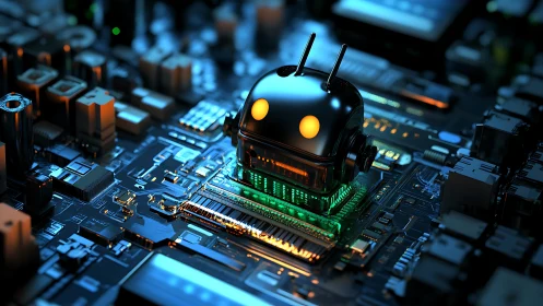 Robot head integrated into illuminated computer motherboard.