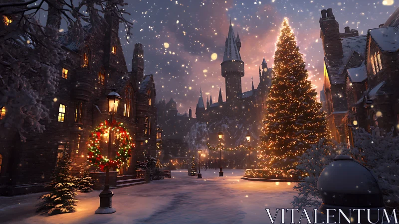 Snowy medieval square shows illuminated Christmas tree at dusk