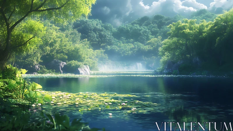Lush forest lake with water lilies and distant waterfalls.