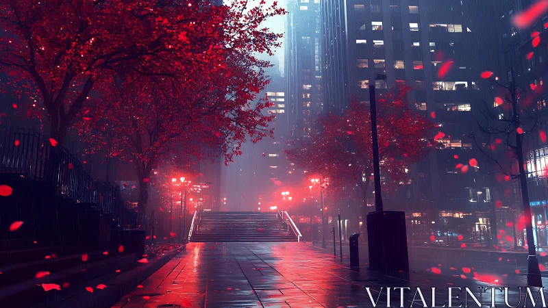 Neon rain falls over crimson trees in a quiet night city street