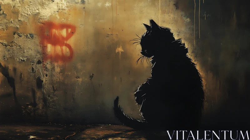 Solitary Black Cat Silhouette Against Decaying Urban Wall.