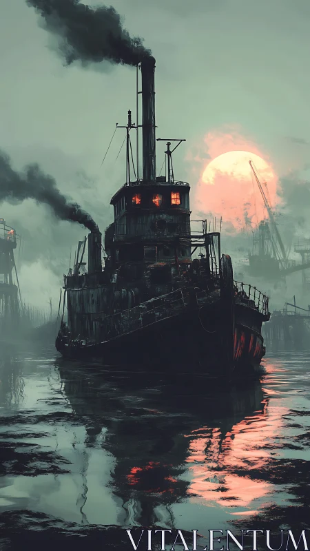 Rust-scarred steam tug advances through toxic fog under blood-red moon