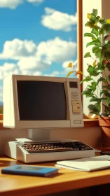 Retro desktop terminal rendered in warm daylight realism