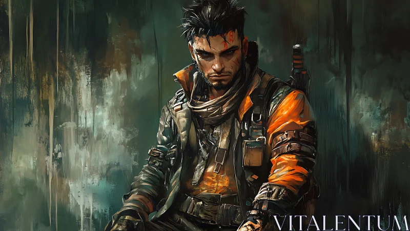 Battle-worn cyberpunk mercenary in orange tactical jacket.