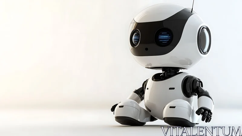 Curious little robot sits calmly in a bright, friendly space