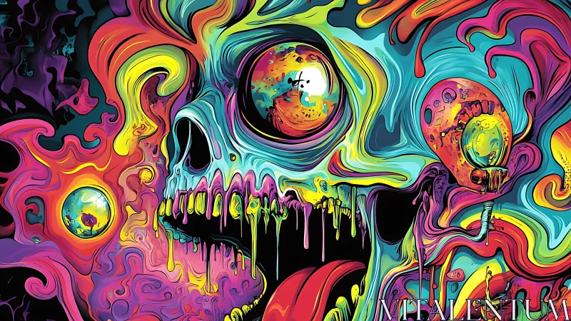 Psychedelic neon skull vortex with liquefied chromatic forms.