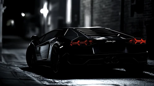 Sleek black supercar parked in dimly lit urban alleyway.
