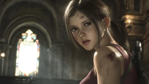 Injured young woman standing in dramatic church interior.