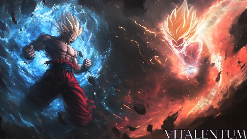 Dual energy-cloaked warriors collide in opposing chromatic shockwaves