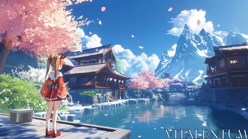 Anime girl surveys sakura-lined riverside village under high peaks