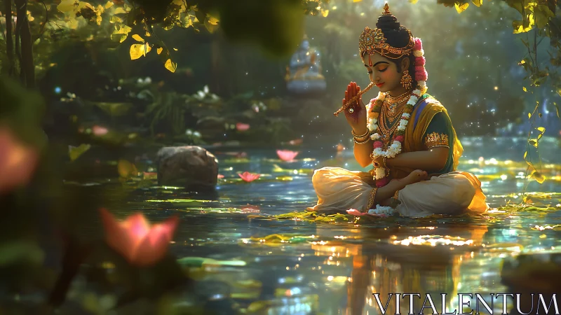 Divine child flutist meditating on lotus pond in golden light