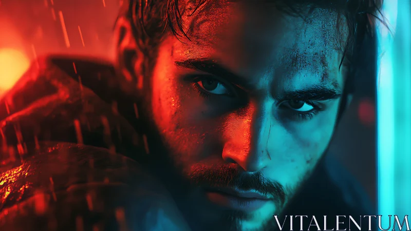 Stormlit vigil in neon blue and burning crimson rain.