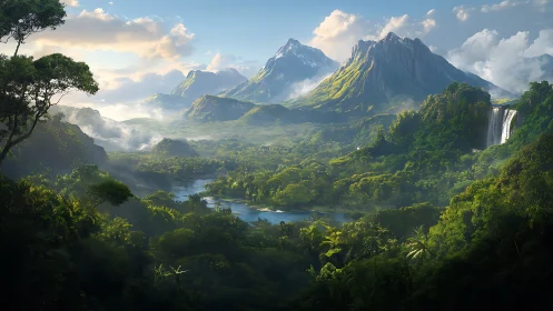 Sunlit jungle valley opens toward misty mountain peaks
