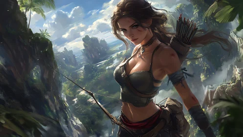 Warrior archer surveys vast jungle cliffs in stormy light.