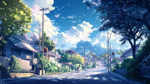 Sunny suburban street shows pedestrians under power lines