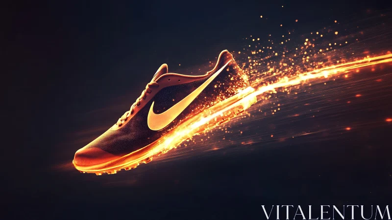 High-speed running shoe in molten neon light trail render.