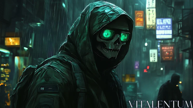 Neon reaper stalks rain-slick cyberpunk back alley nightscape.