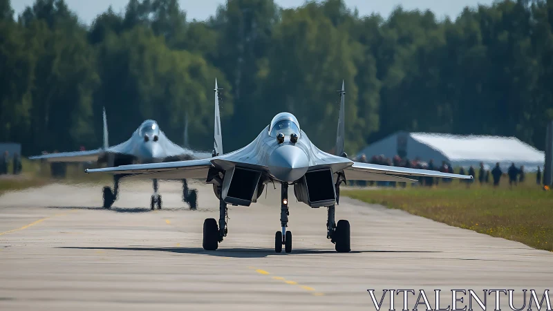 Twin modern jet fighters taxi on runway at airbase.
