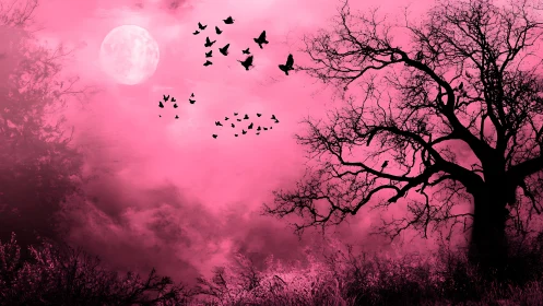 High-contrast pink nocturne with silhouetted tree and bird flock